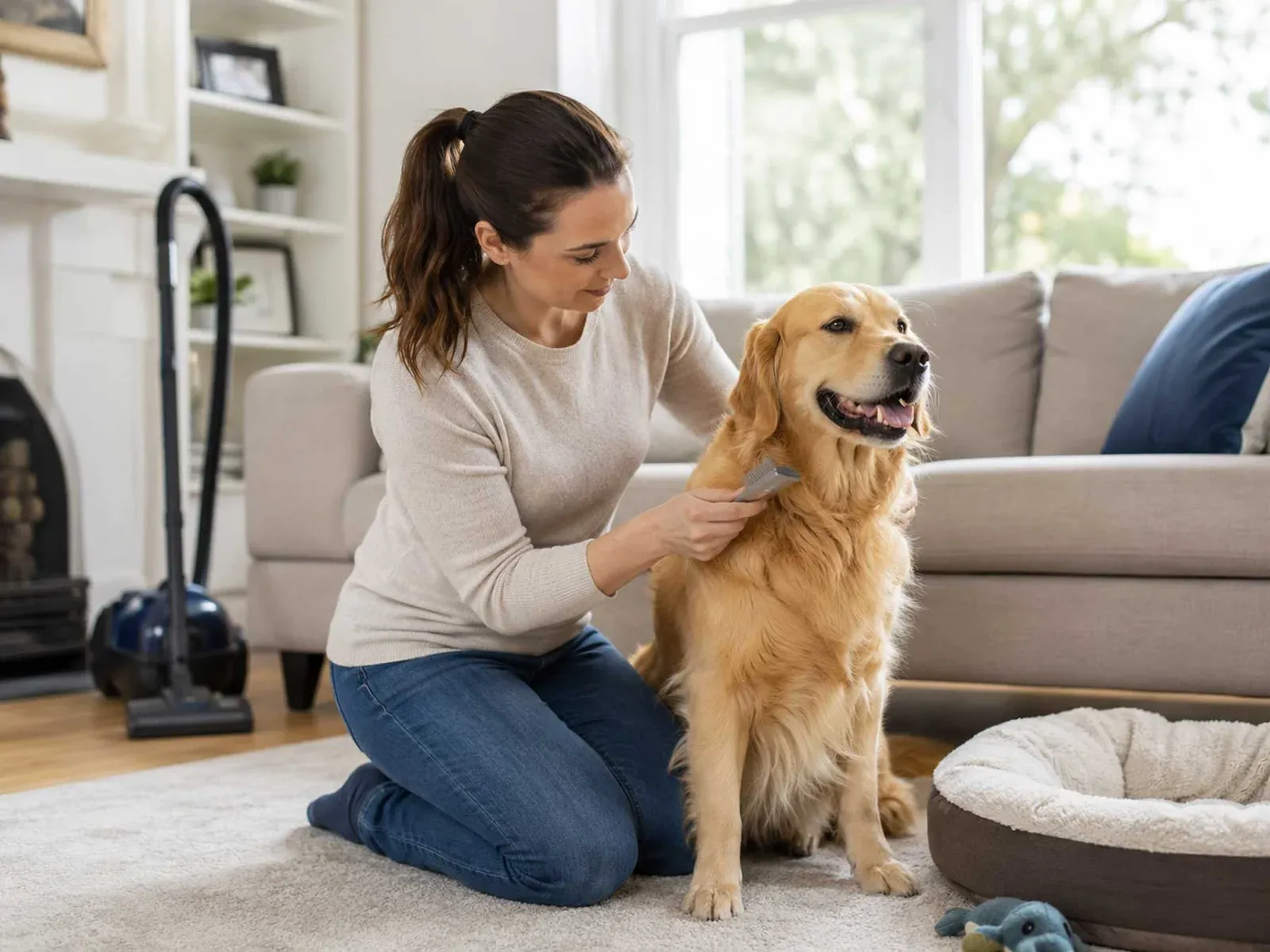 Propriétaire inspectant le pelage de son chien pour distinguer punaises de lit et puces